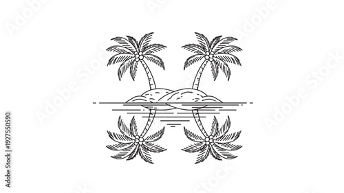 A serene black and white illustration of a tropical island with two palm trees standing tall, reflected perfectly in the calm water below, evoking a sense of peace and tranquility.