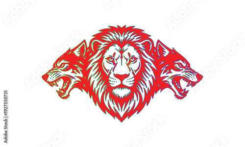 Fierce Lion and Wolf Mascot Logo: Red and Blue Predator Power Emblem Vector for Sports