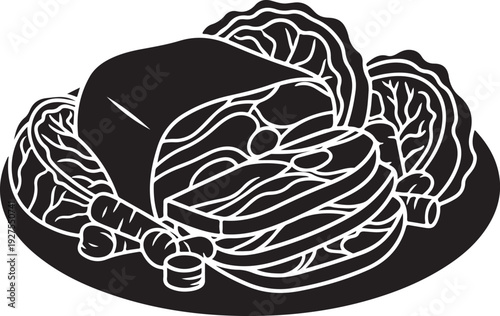 Delicious Sliced Meatloaf or Terrine Served on a Plate with Fresh Cabbage and Carrots, Depicted as a Modern Black Silhouette with White Outline Vector Illustration , Generative Ai