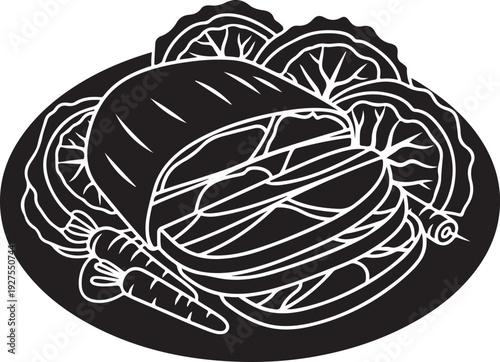 Gourmet Sliced Meatloaf or Pâté with Fresh Cabbage and Carrots on a Plate, Presented as a Stylish Outline Vector Illustration for Dinner Menus , Generative Ai