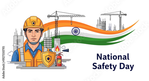 Illustration of an Indian worker in safety gear with construction site and flag on National Safety Day.