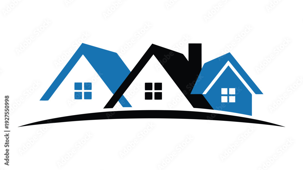 Fototapeta premium Three modern houses connected by a single roof under a wavy line