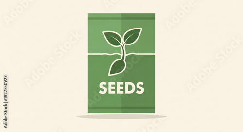 Green seed packet with sprouting plant and word seeds on cream background