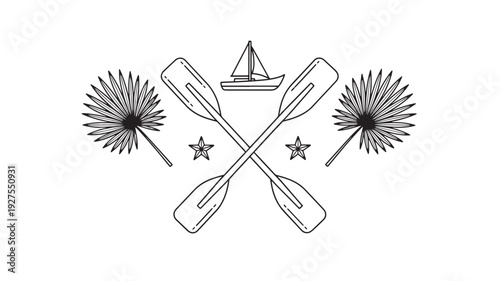 A stylized black and white illustration of a coastal emblem featuring crossed oars, a sailboat, dandelions, and stars on a clean white background, evoking a sense of adventure and freedom.