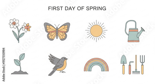 Vibrant spring icons set with gardening tools flowers and sunny weather on white background