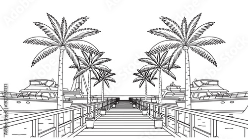 A serene black and white illustration of a dock lined with palm trees and boats, perfect for use in travel brochures, websites, or marketing materials.