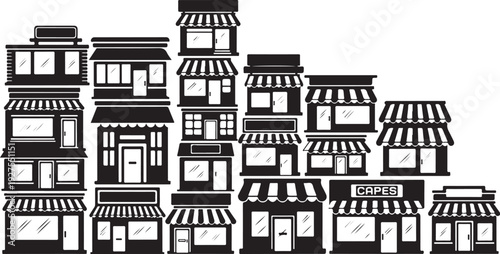 Black and white illustration of a city street scene