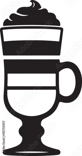 Stylized black and white illustration of a layered coffee drink with whipped cream on top, served in a tall glass. , Generative Ai