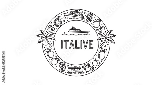 A black and white illustration of a circular logo featuring the word italive, surrounded by a tropical border with palm trees, fruits, and cruise ships, evoking a sense of vacation and travel.
