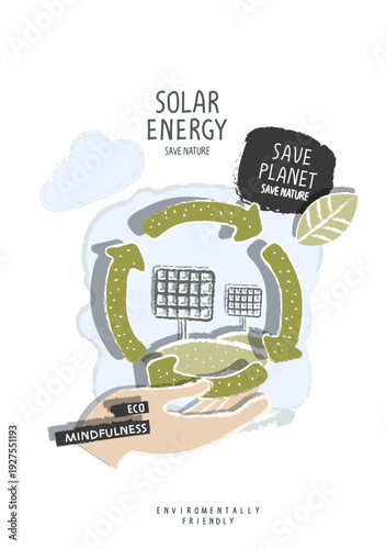 Vector cartoon sketch of solar energy sign and a supporting hand. Environmentally friendly planet concept. Alternative green energy concept. Sustainable lifestyle.