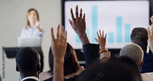 Obraz na płótnie Presentation, audience and woman with hands raised for conference, training and meeting