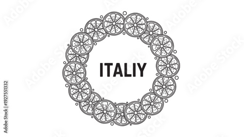 A black and white illustration of a circular badge made of lemon slices with the word Italy in the center, perfect for culinary or travel themes.