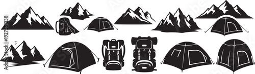 Camping icons and mountain silhouettes for outdoor adventure graphics
