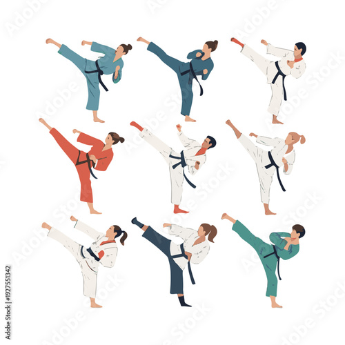 Diverse martial artists in action performing kicks in colorful gis arts karate