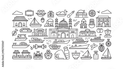 A vibrant black and white line art illustration featuring a collection of Mediterranean market icons, including boats, buildings, food items, and travel symbols, set against a clean white background.