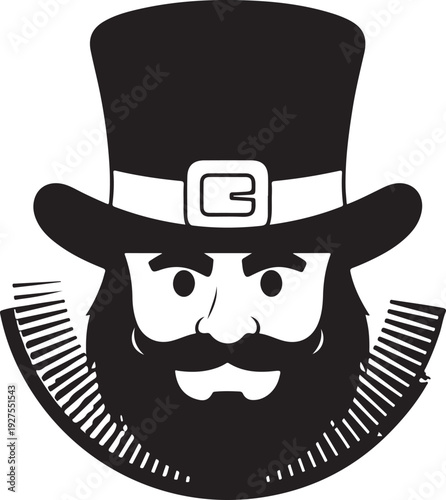 Vector illustration of a smiling leprechaun face with a beard, mustache, and top hat, framed by a circular design. , Generative Ai