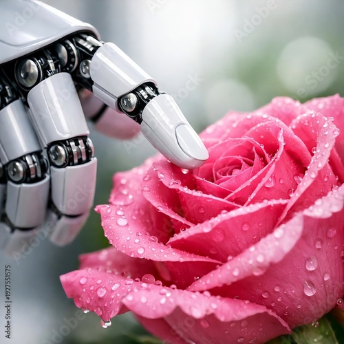 Futuristic robot hand gently touching a real rose flower representing AI and nature harmony