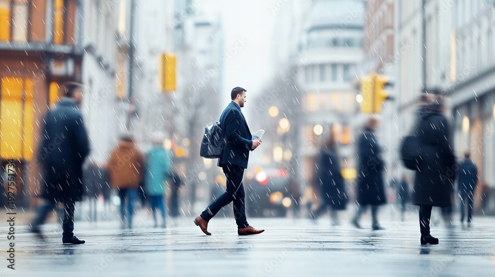Fototapeta premium People walking away down wet city street, blurred crowd and bokeh lights in background, conveying urban business movement.
