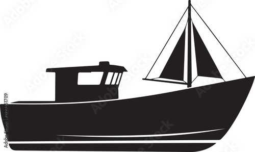 Simple black silhouette of a fishing boat with a sail on a white background, representing maritime activity and adventure. , Generative Ai