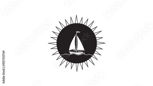 A stylized black and white logo featuring a sailboat on water within a sunburst design, conveying freedom and adventure.