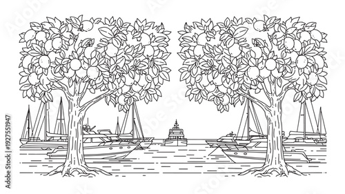 A serene and picturesque scene featuring a citrus grove in silhouette against a calm coastal backdrop with sailboats, evoking a sense of peace and tranquility.