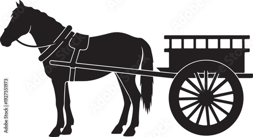 Black silhouette of a horse-drawn cart with a detailed horse in harness, representing historical transport and rural life. , Generative Ai