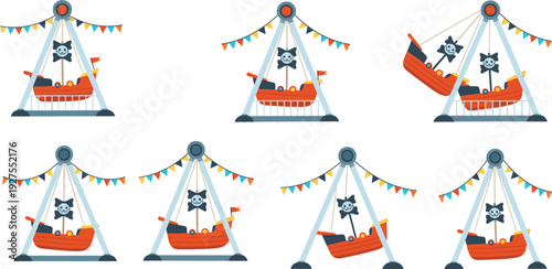 Pirate Ship Swing Ride Vector Illustration Set with Amusement Park Attraction, Carnival Boat Ride, and Funfair Entertainment Design