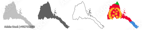 Eritrea country map vector set with dotted pattern solid silhouette outline and national flag illustration