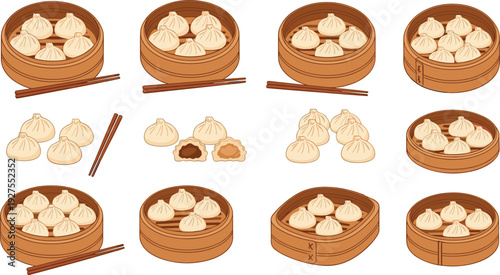 Steamed Dumplings in Bamboo Basket Vector Illustration Set with Chopsticks and Asian Dim Sum Food Collection