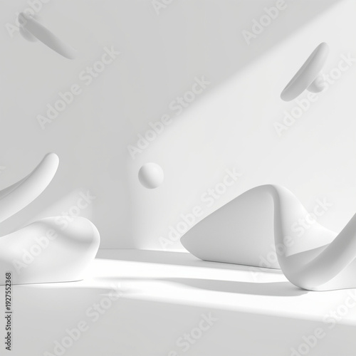 Minimalist white abstract background with floating geometric shapes and soft sunlight shadow