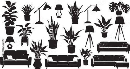 Black Silhouettes of Plants and Furniture on White Background