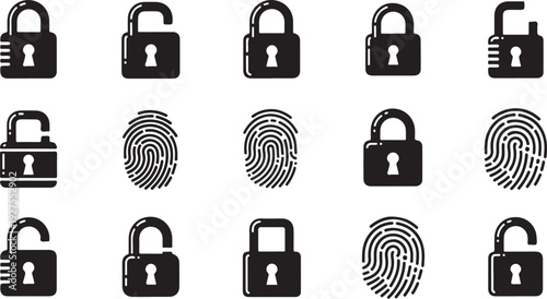 Security icons with locks and fingerprints on white background
