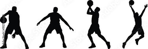 Basketball action silhouettes set isolated on white background, player dribbling shooting jumping vector illustration for sports training design