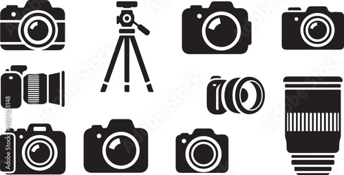 Collection of camera and photography equipment icons on white