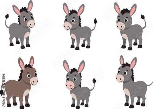 Six Cute Pixel Donkeys In A Row On White Background
