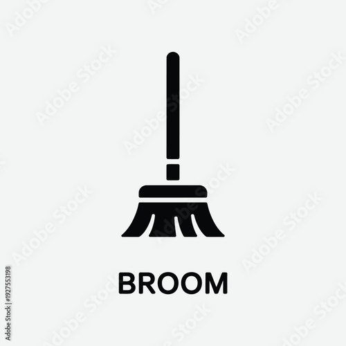 A simple black silhouette of a broom against a white background