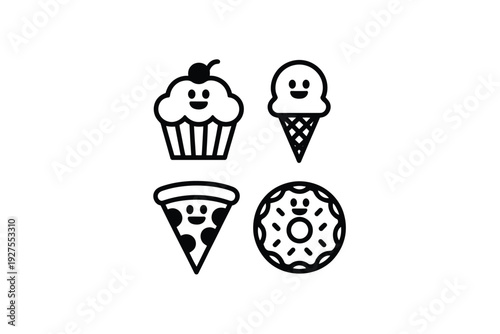 A donut icon set with happy faces and various sweet treats