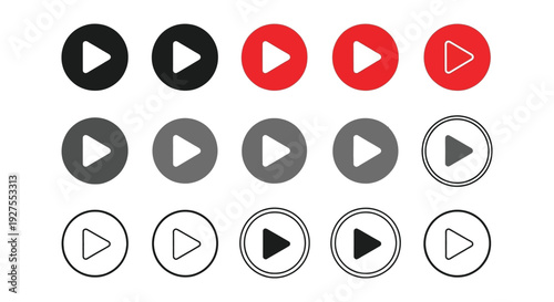 Collection of vector graphic media player icons illustrating various styles for video content initiation