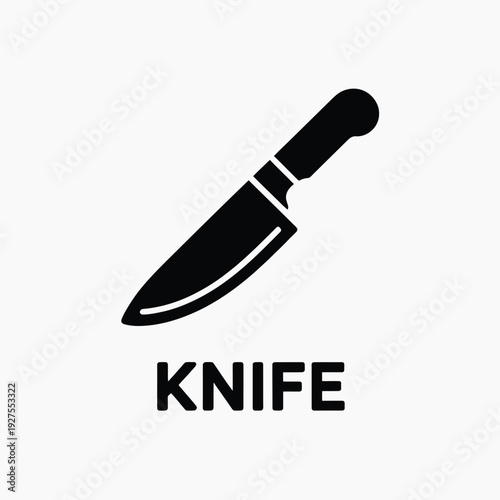 Simple black silhouette of a kitchen knife with the word knife below