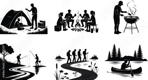 Camping and outdoor adventure silhouettes collection vector illustration, hiking fishing canoe barbecue campfire activity set