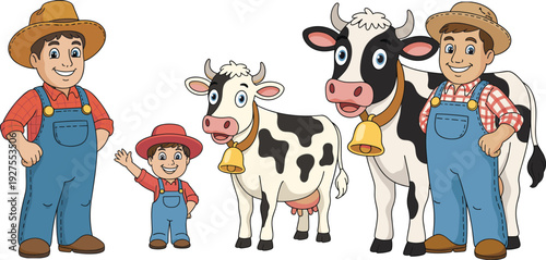 Cartoon farmer boy and dairy cow characters vector illustration, cute farm agriculture family animal set