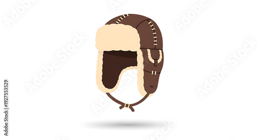 Illustration of a brown aviator hat with ear flaps and fur trim, featuring a stitched design and chin straps, isolated on a white background, perfect for winter fashion and cold weather accessories
