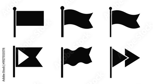 A collection of various simple black flag vector graphic illustrations for design elements and user interface.