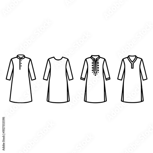 Minimal Kurta Thin Line Icon Collection Ethnic Wear Linear Vector Illustration on White