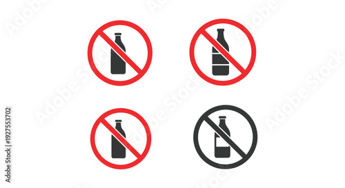 Set of four vector graphic icons indicating prohibition or restriction against carrying bottles or alcohol.