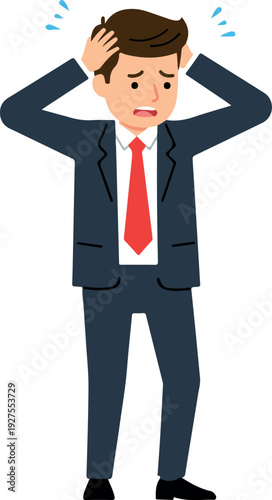 Stressed Businessman Blue Suit Red Tie Panicked Hands On Head Flat Design