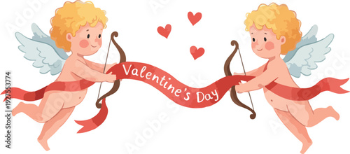 Two Cute Cupids Holding Valentine's Day Banner with Bows and Arrows