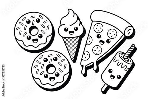 A cartoon illustration of sweet and savory food icons with smiling faces