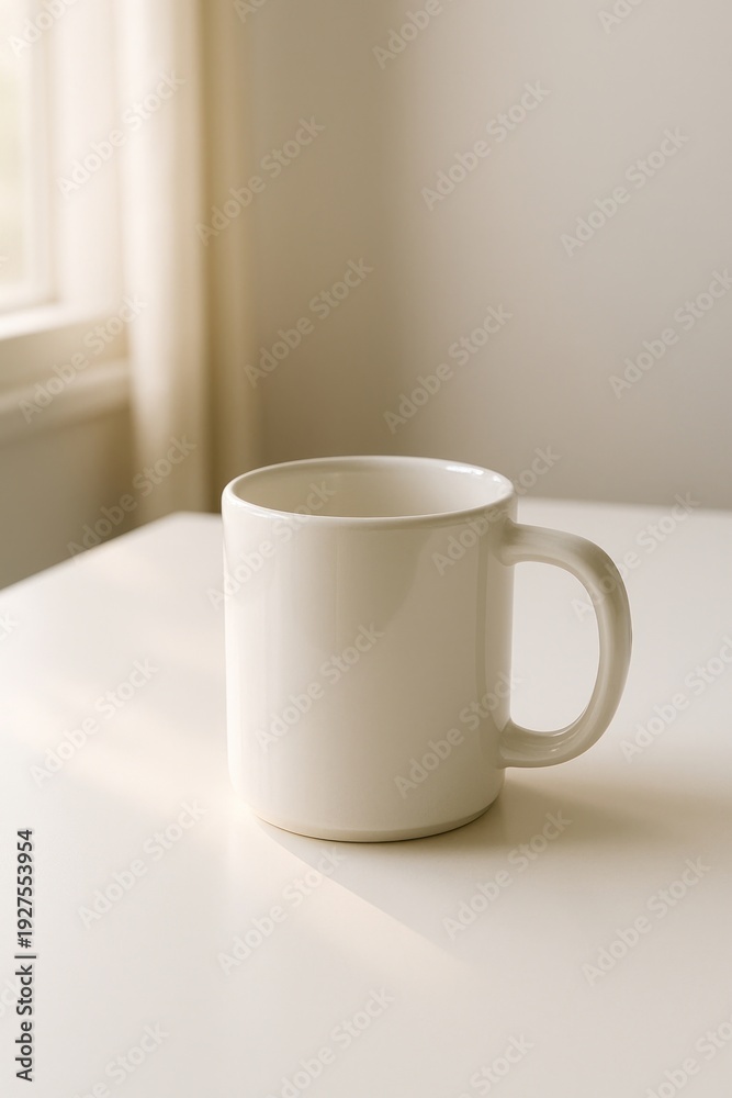 Obraz premium Minimalist white mug on table.