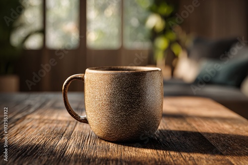 Ceramic coffee mug on wooden table with warm sunlight and green plants background